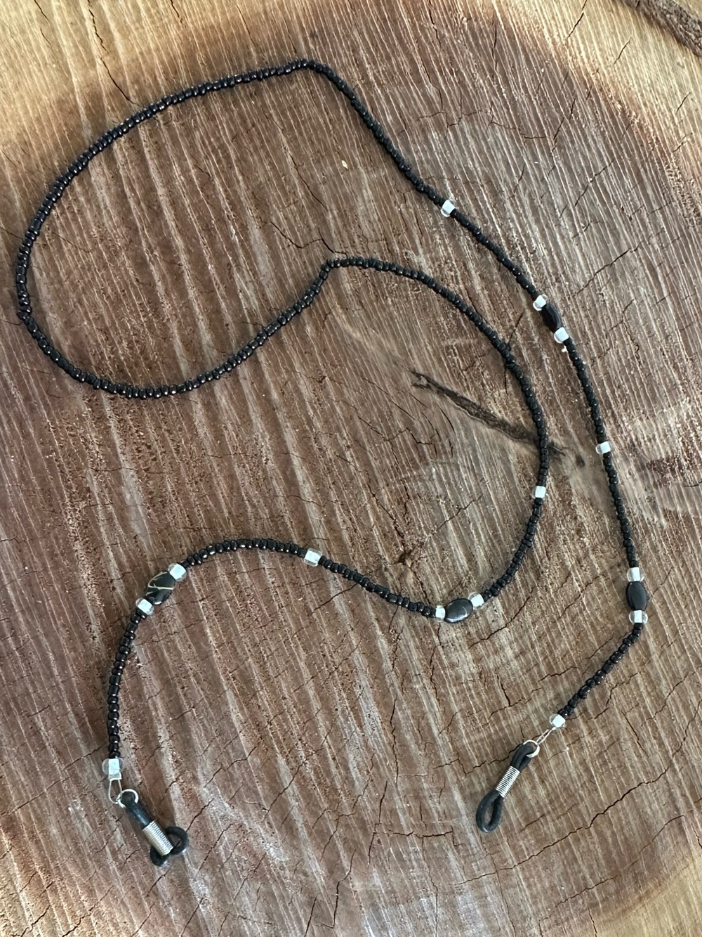 Black Beaded Eyeglass Chain with Silver Accents